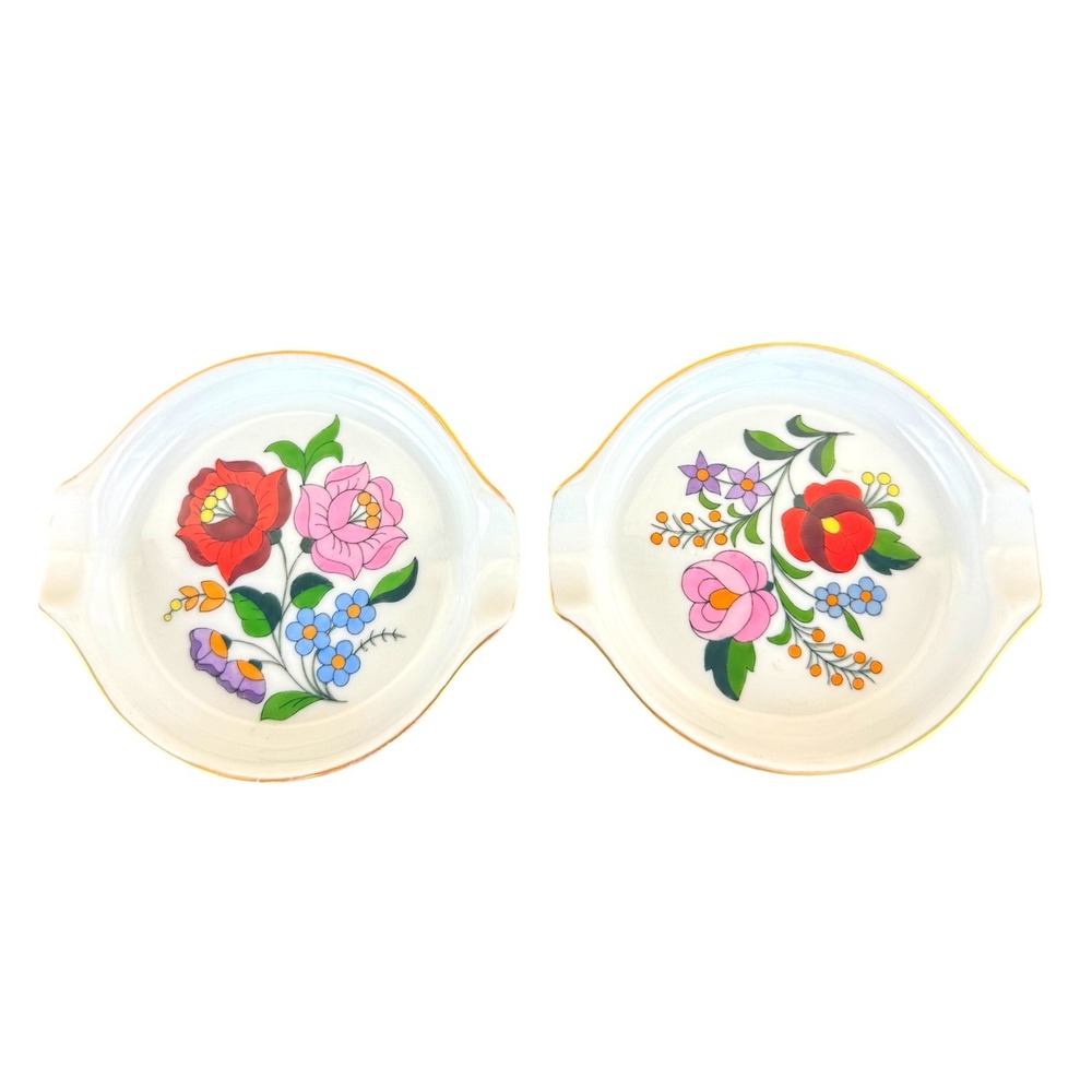 VTG PAIR (2) Kalocsa Hungary Flower Power Folk Art 3.5" Trinket Jewelry Dishes